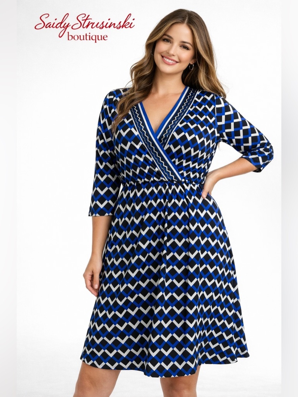 Roz & Ali Blue Black Geometric Print Dress | 1X | Stretch | 3/4 Sleeve